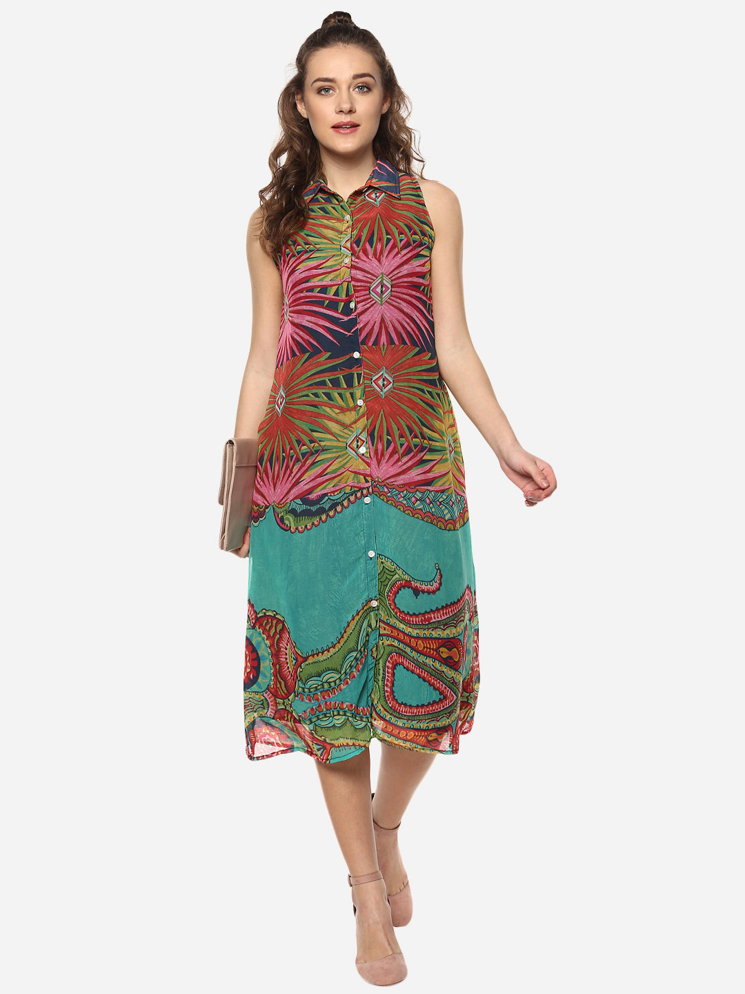 Women's Multicolored Printed Midi Shirt Dress