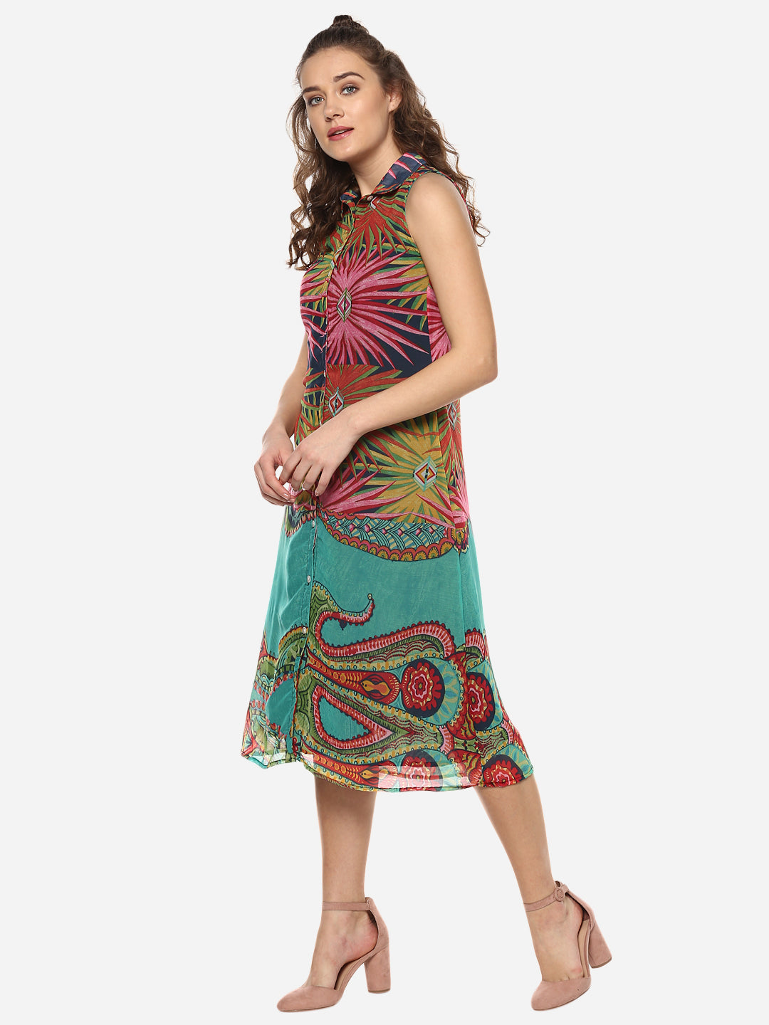 Women's Multicolored Printed Midi Shirt Dress