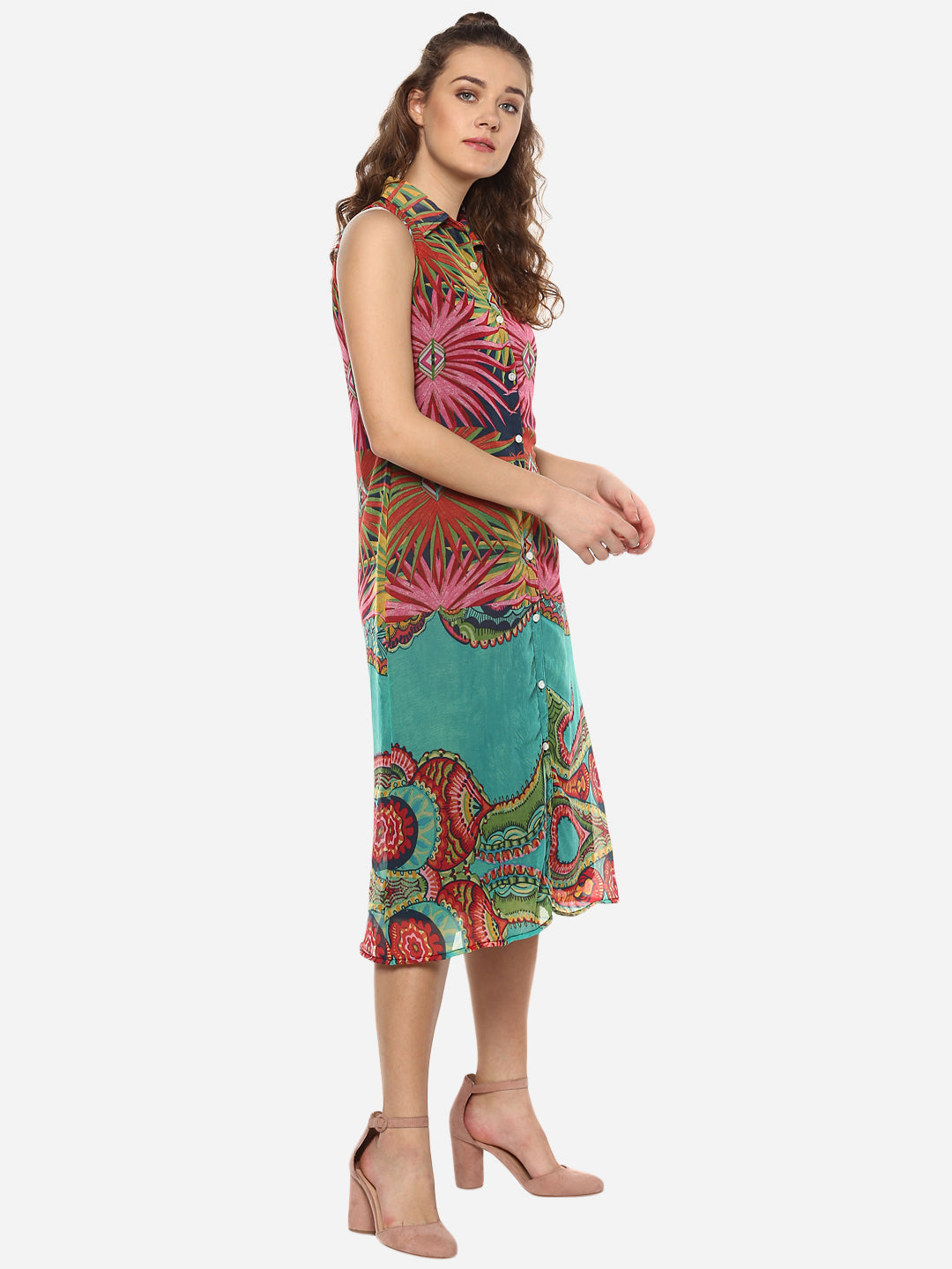 Women's Multicolored Printed Midi Shirt Dress