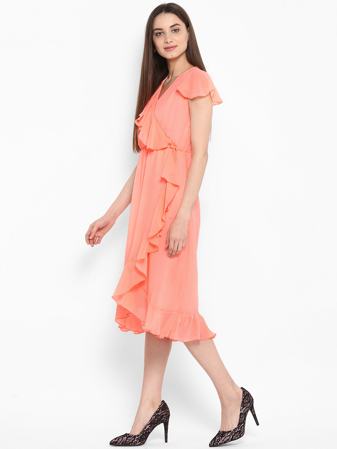 Women's Neon Pink Cascade Ruffled Dress