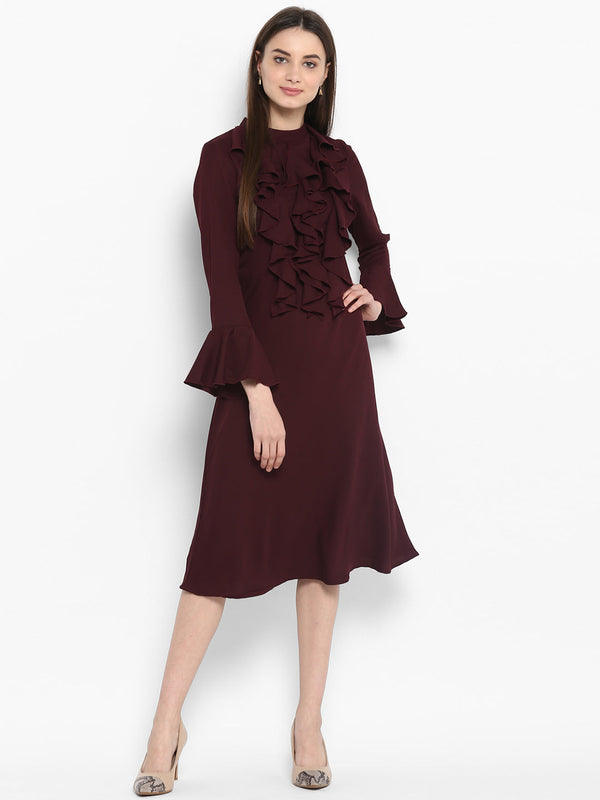 Women's Maroon Front Ruffle Bell Sleeve Dress