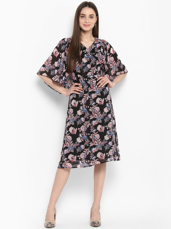 Women's Black Floral Dress with attached Shrug