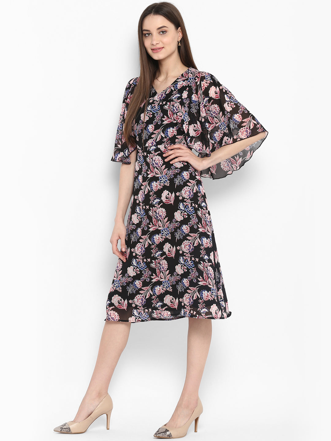 Women's Black Floral Dress with attached Shrug