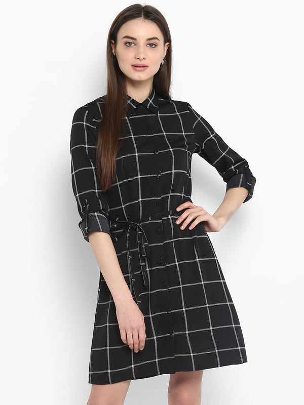 Women's Black and White Check Shirt Dress with Belt