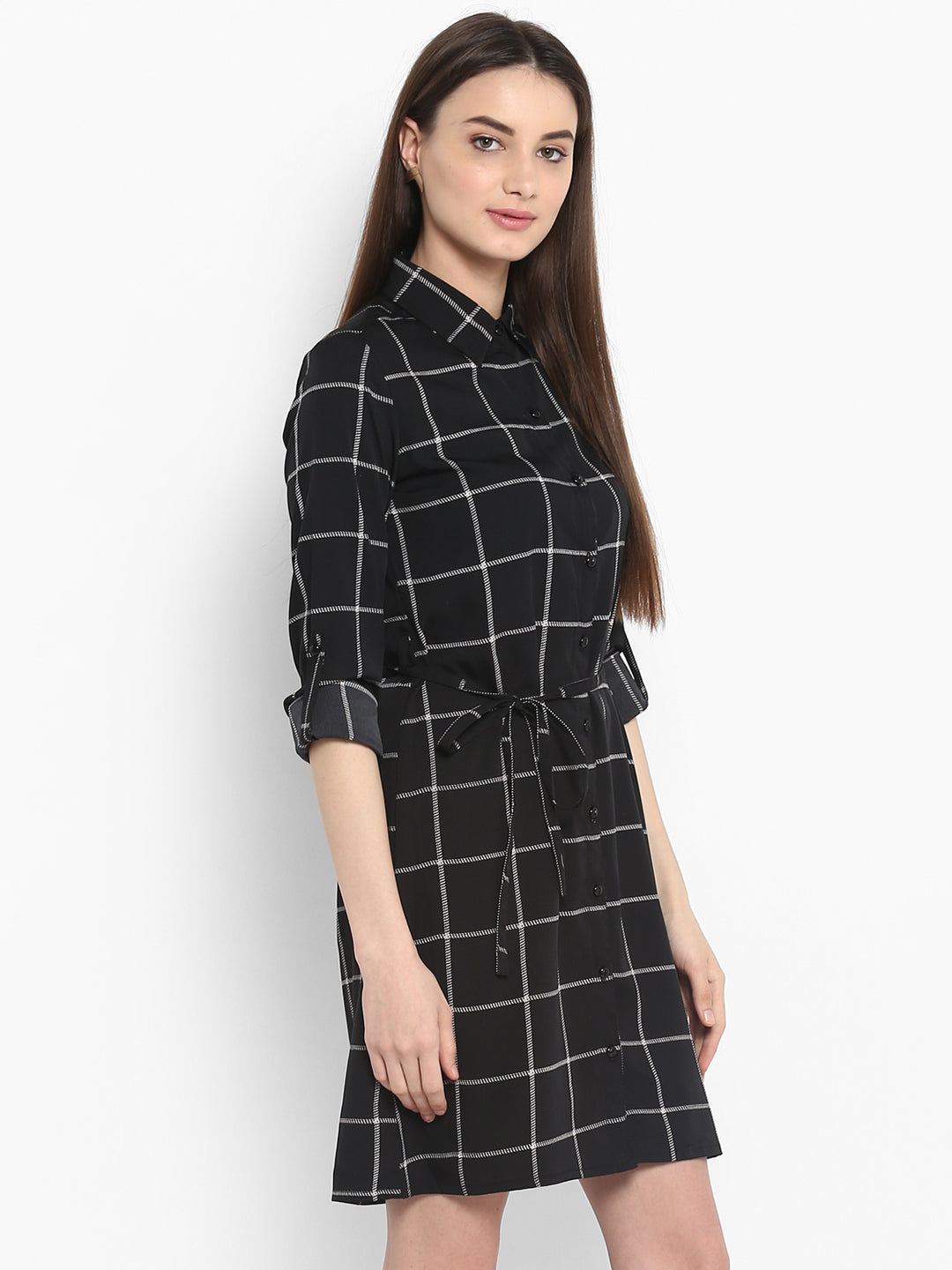 Women's Black and White Check Shirt Dress with Belt
