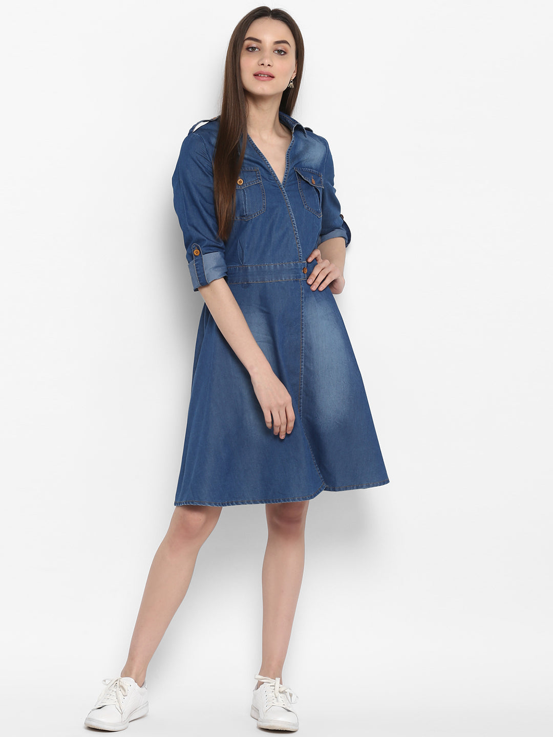 Women's Denim Knee Length Dress with Buttons – Stylestone