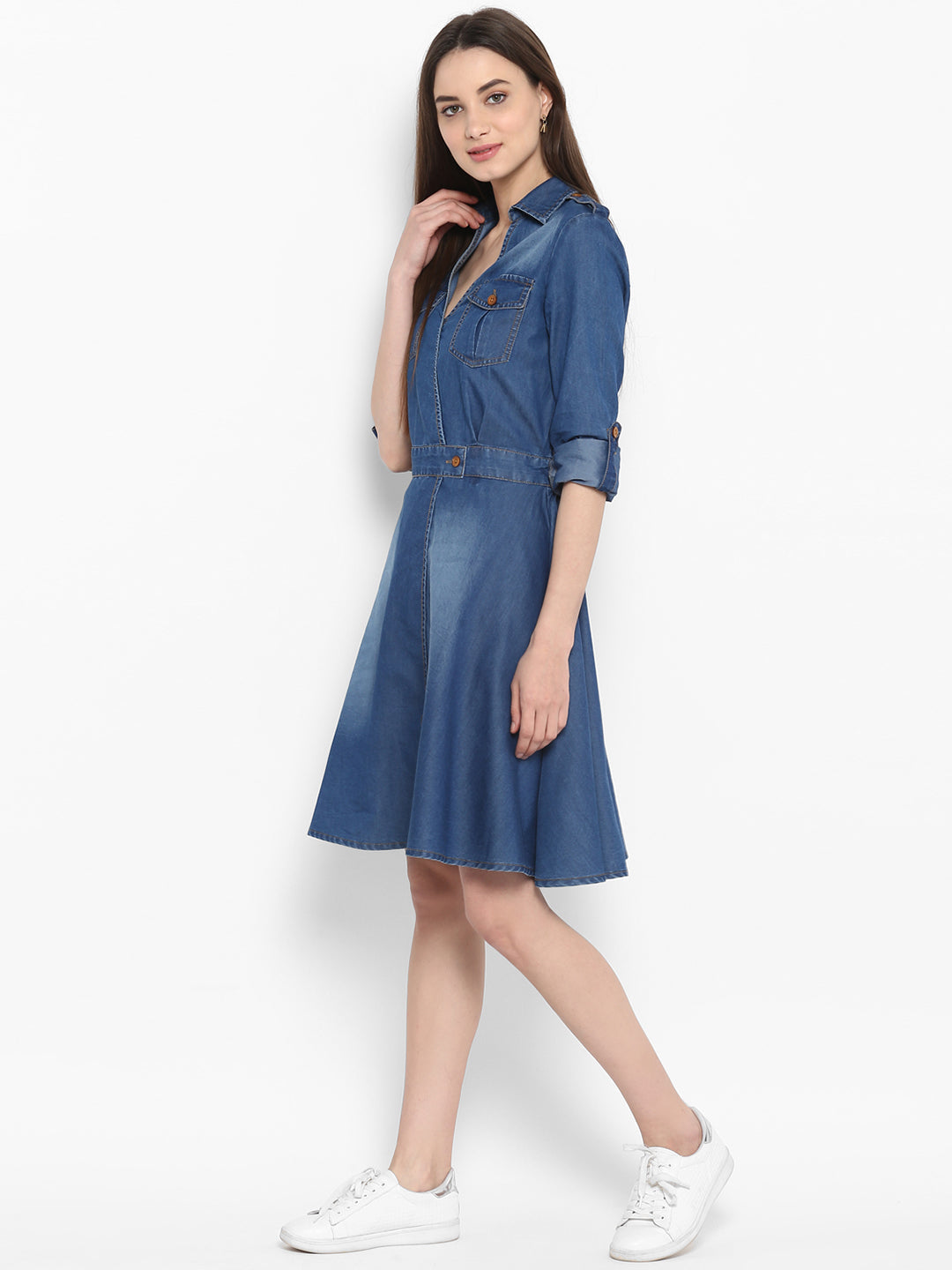 Women's Denim Knee Length Dress with Buttons – Stylestone