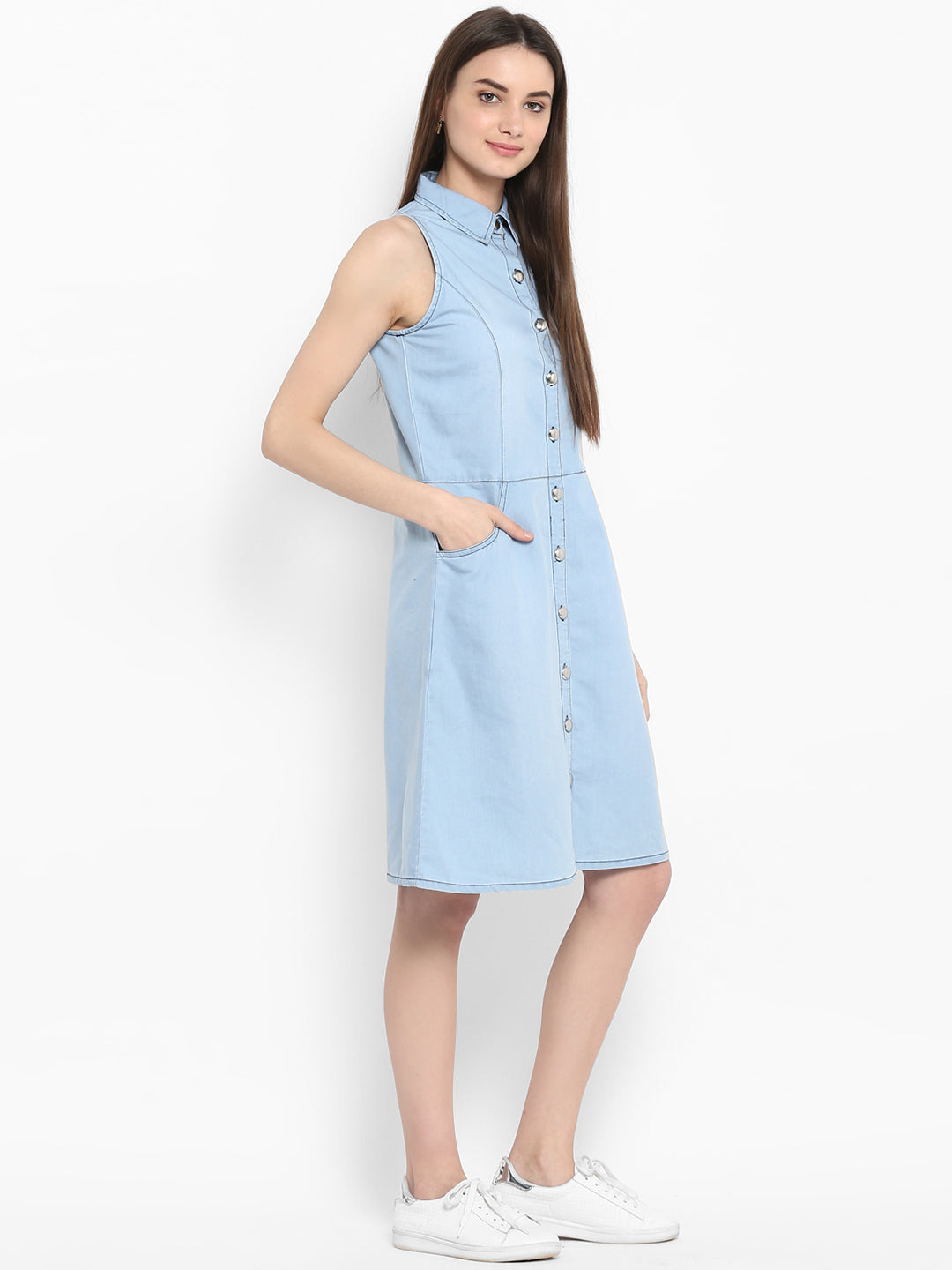 Women's Denim Sleeveless Dress with Silver Buttons