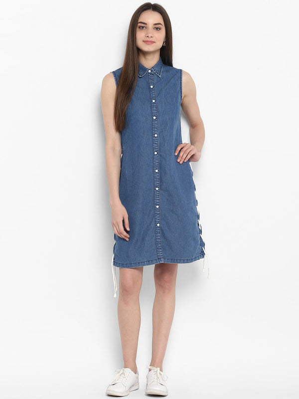 Women's Denim Dress with White Draw String Insert