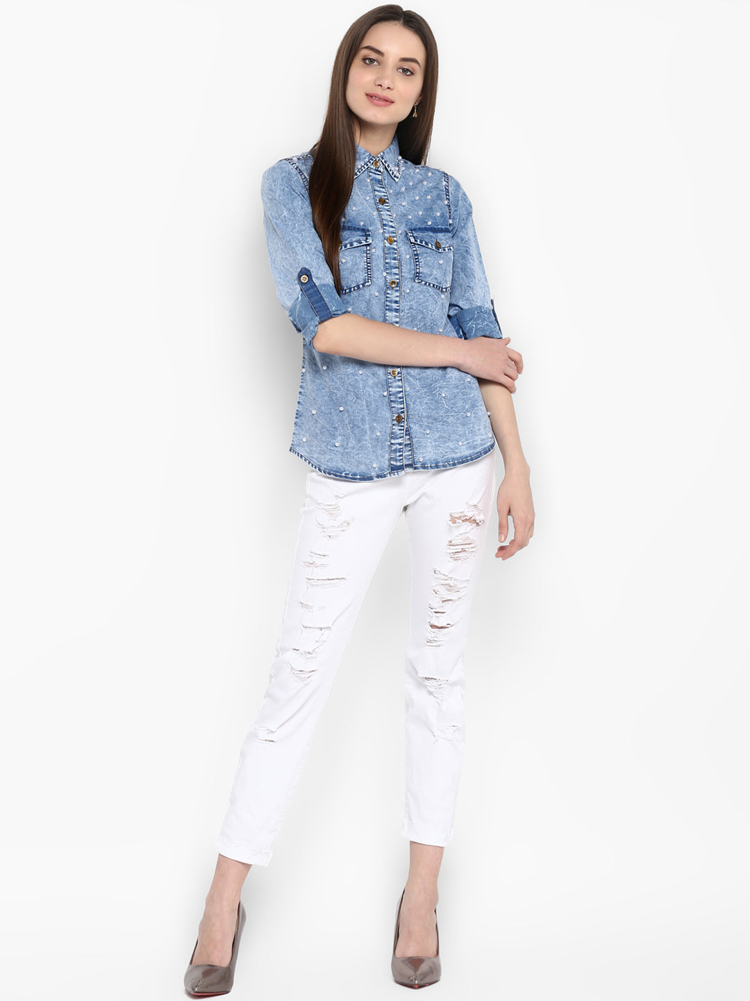 Women's Denim Shirt with Pearl Embellishments