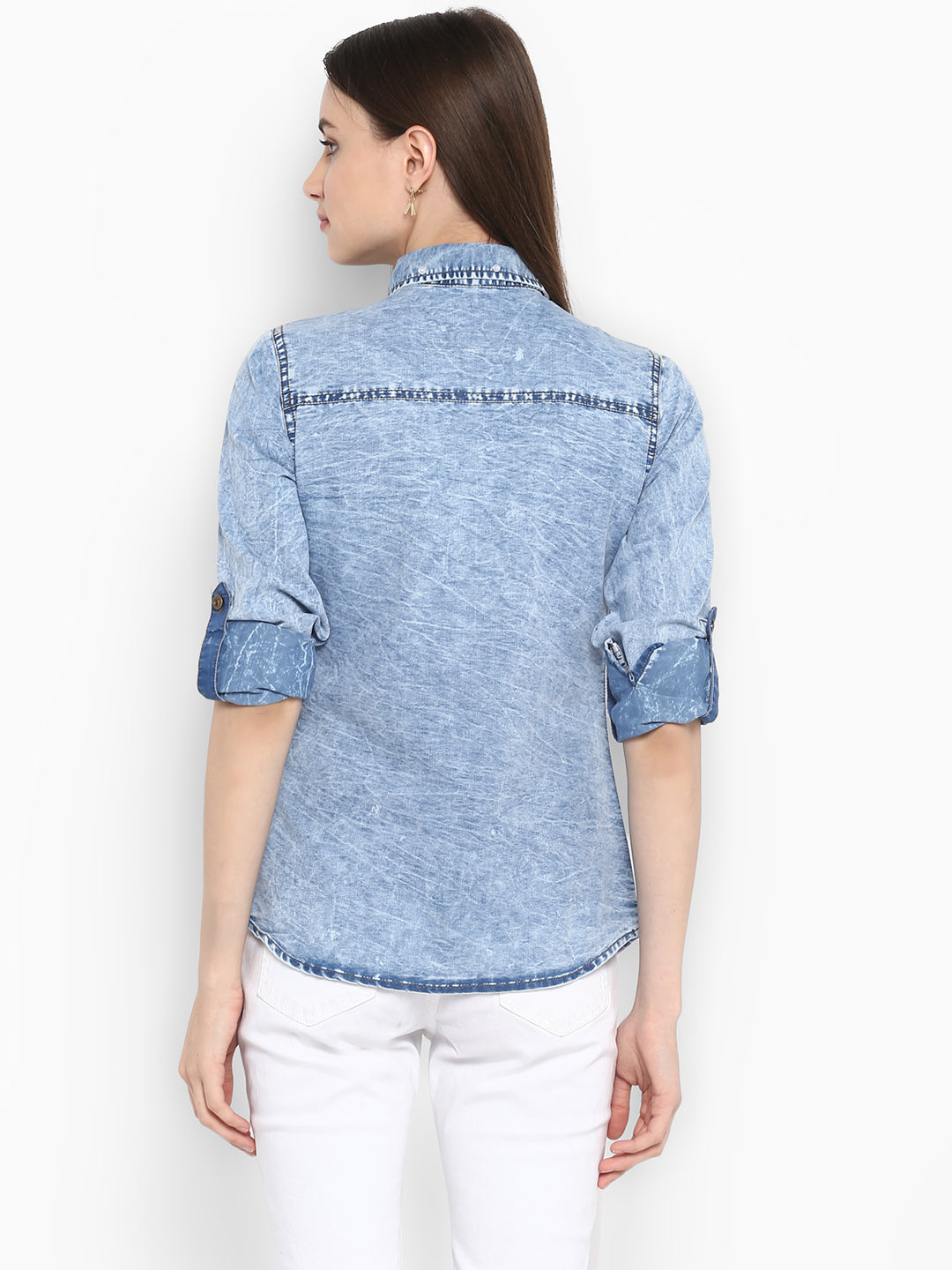 Women's Denim Shirt with Pearl Embellishments