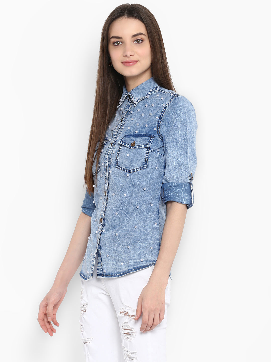 Women's Denim Shirt with Pearl Embellishments