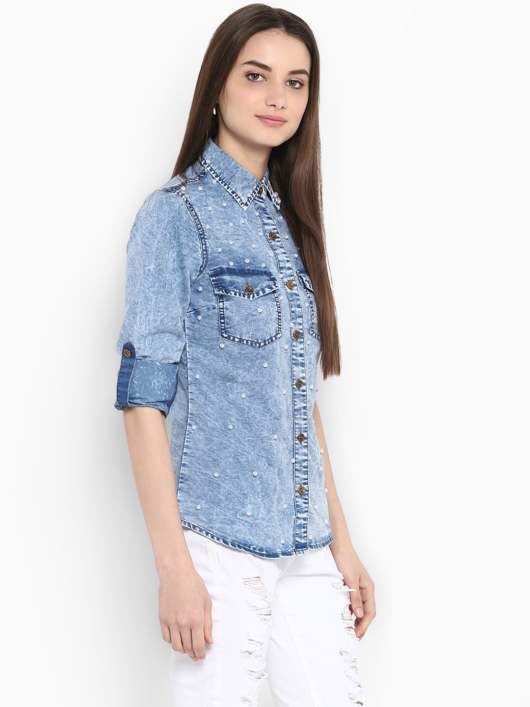 Women's Denim Shirt with Pearl Embellishments