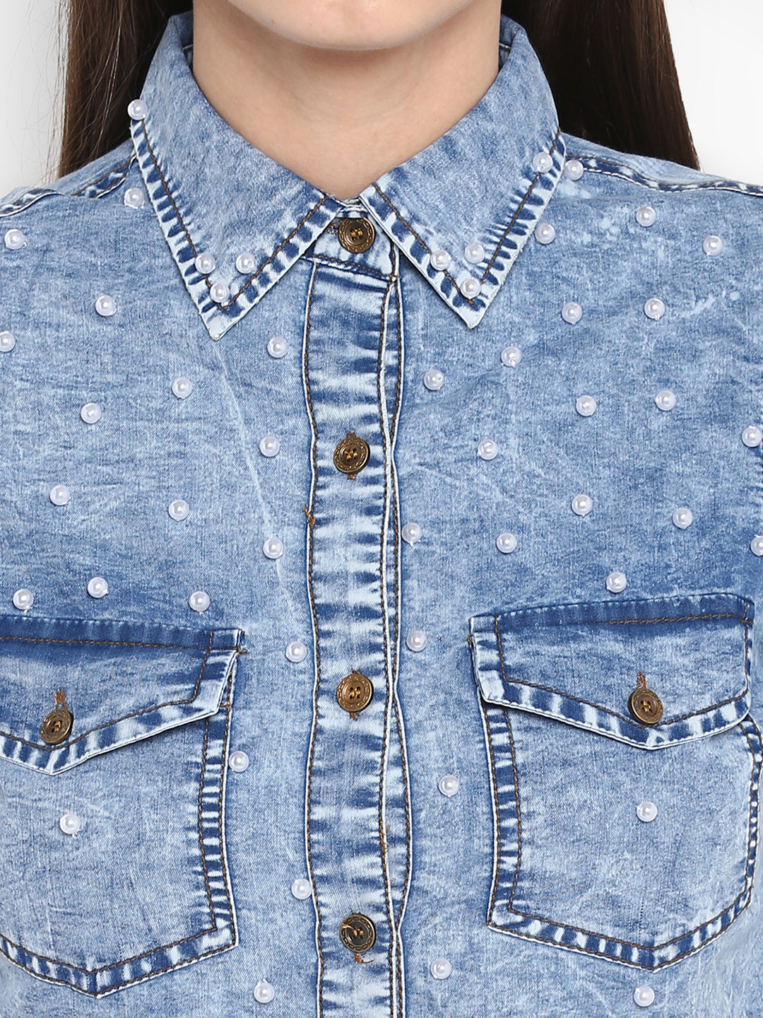 Women's Denim Shirt with Pearl Embellishments