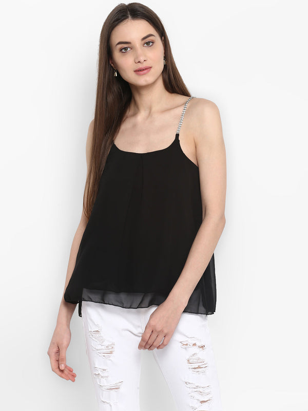 Women's Black Polyester Diamond Strap Top with Lining