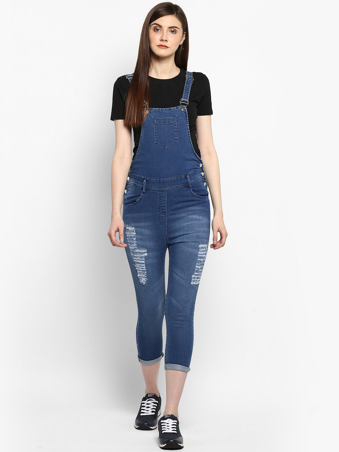 Women's Distressed Stretchable Denim Capri Style Dungarees(inner not provided)