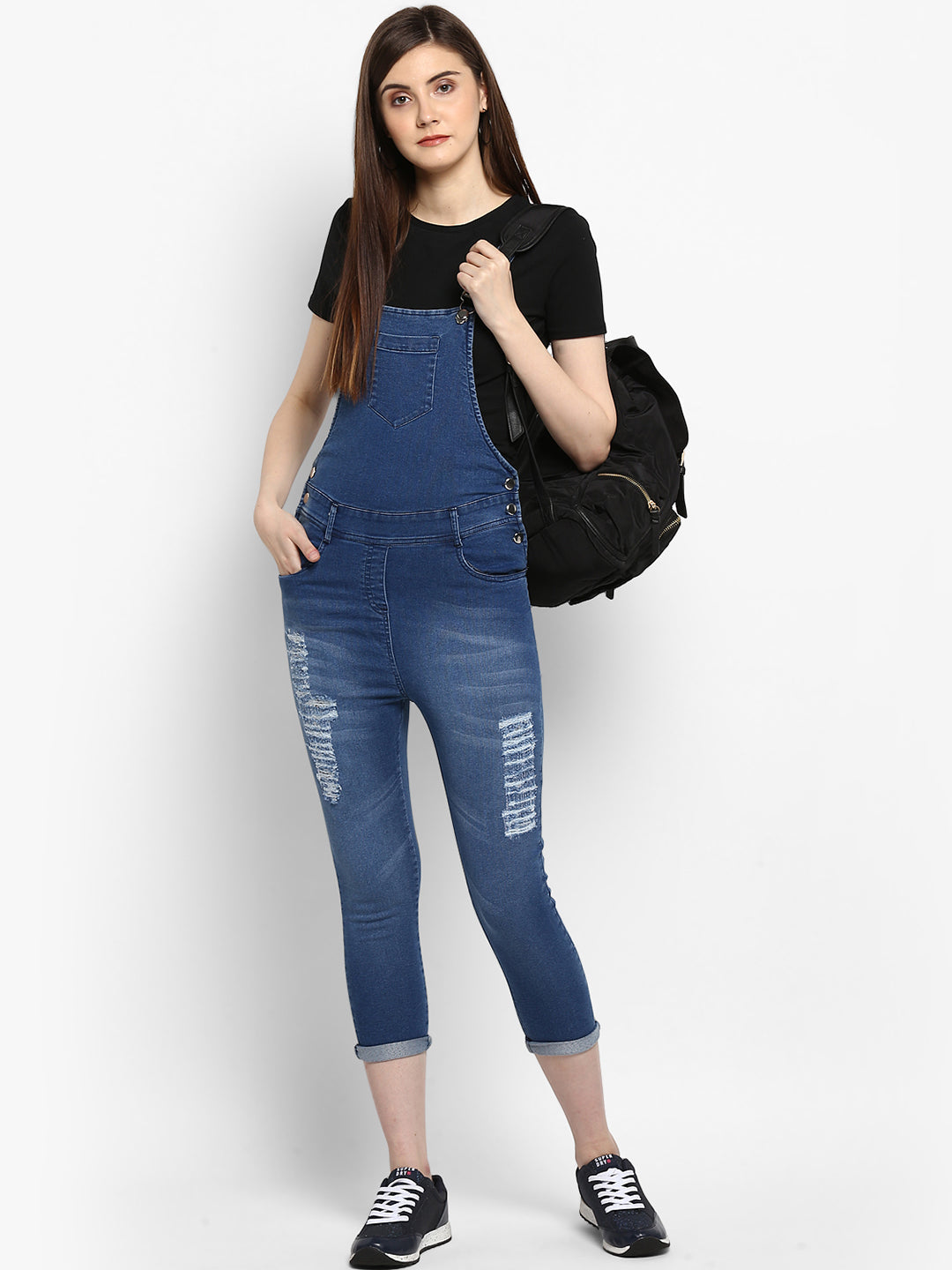 Women's Distressed Stretchable Denim Capri Style Dungarees(inner not provided)