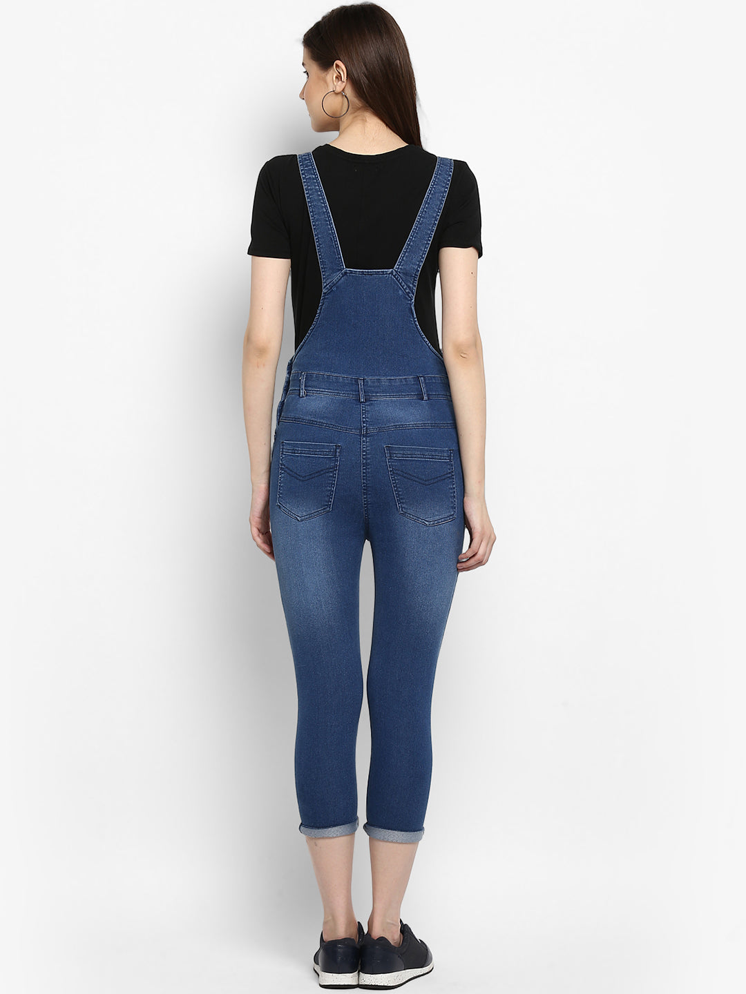 Women's Distressed Stretchable Denim Capri Style Dungarees(inner not provided)