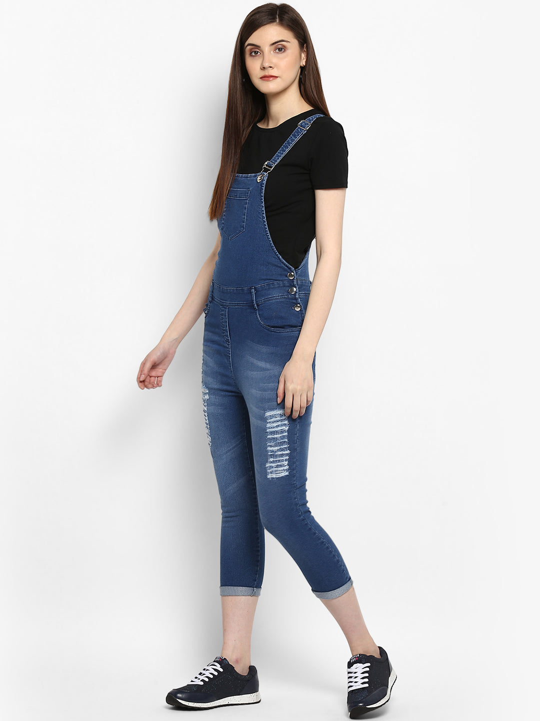 Women's Distressed Stretchable Denim Capri Style Dungarees(inner not provided)