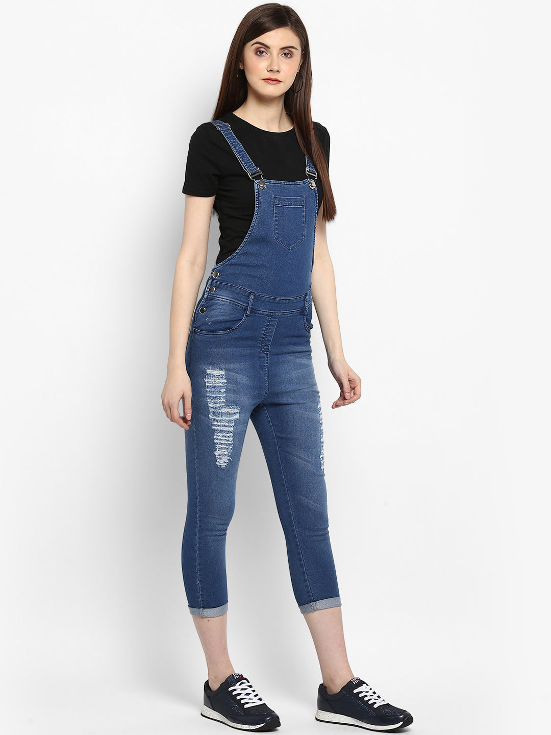 Women's Distressed Stretchable Denim Capri Style Dungarees(inner not provided)