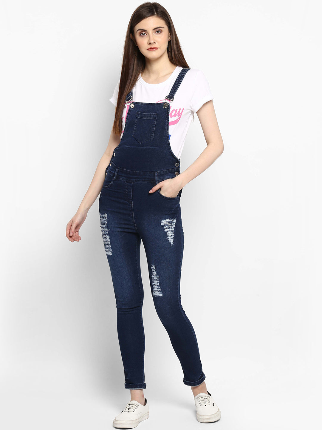 Women's Stretchable Denim Washed effect Capri Style Dungarees(inner not provided)