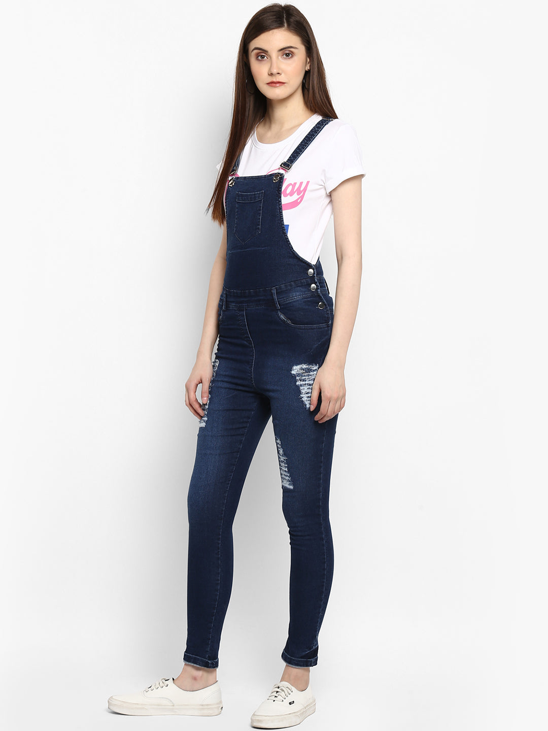 Women's Stretchable Denim Washed effect Capri Style Dungarees(inner not provided)