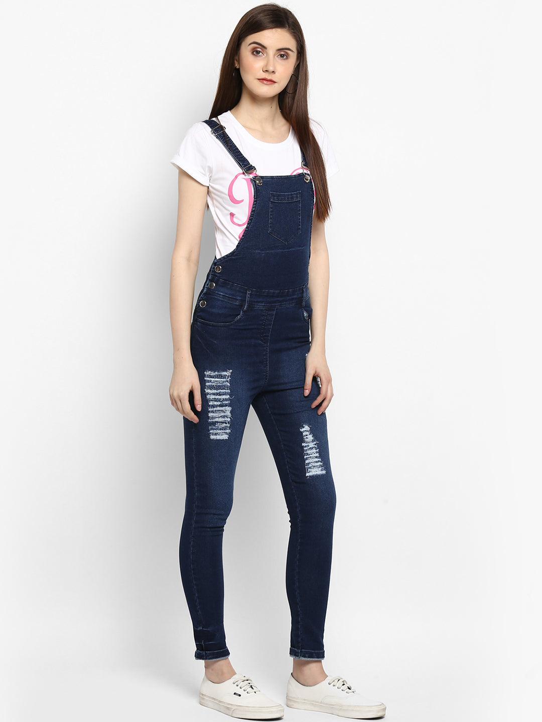 Women's Stretchable Denim Washed effect Capri Style Dungarees(inner not provided)