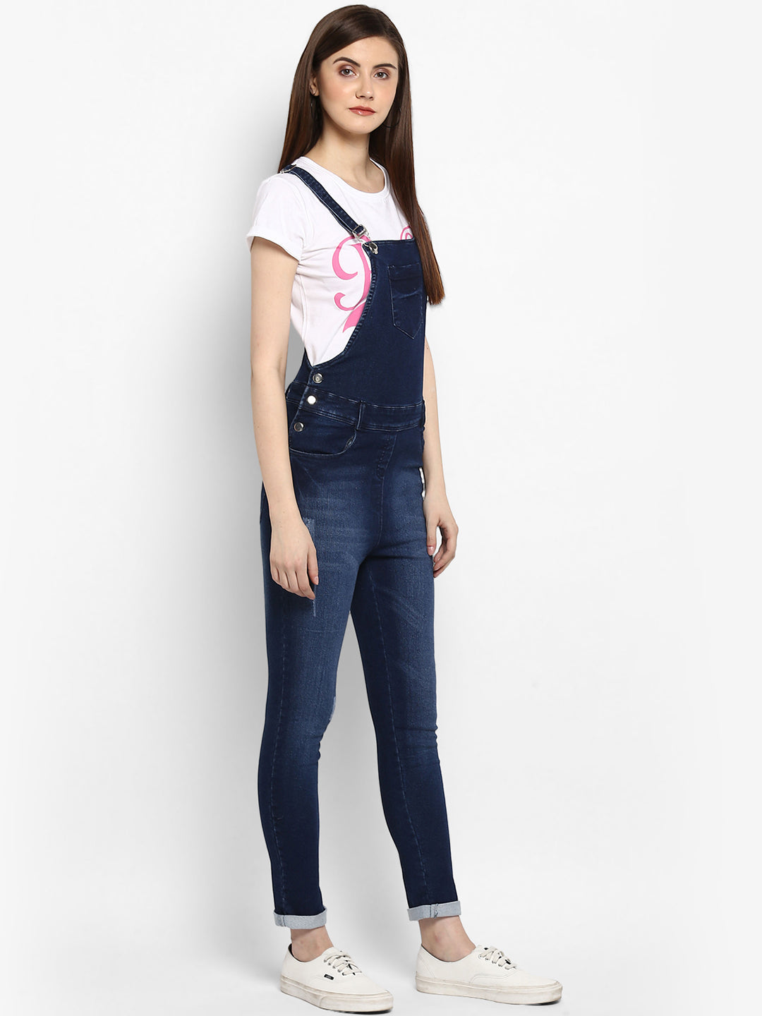 Women's Stretchable Denim Washed effect Capri Style Dungarees(inner not provided)