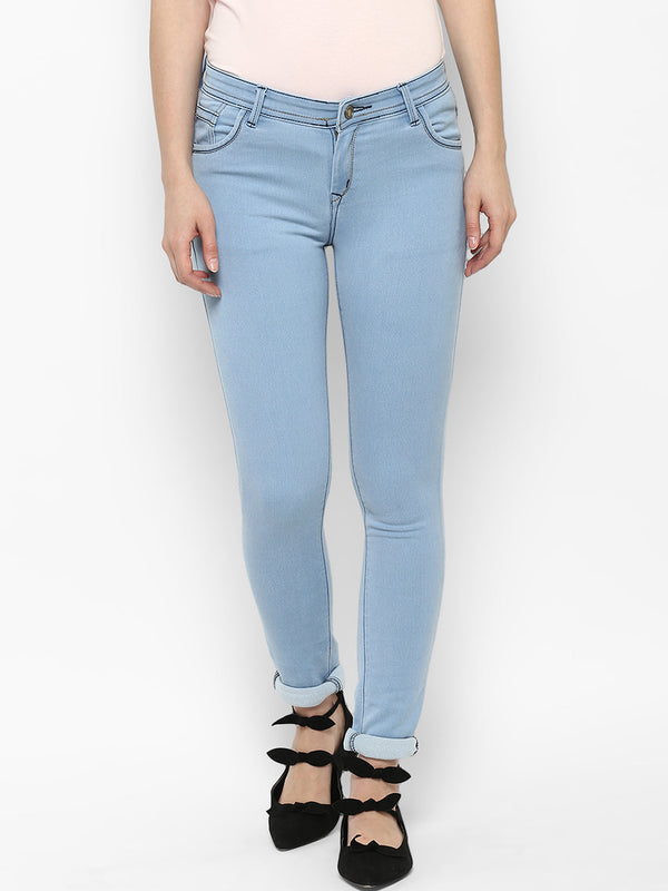 Women's Ice Blue Lycra Denim Distressed Jeans