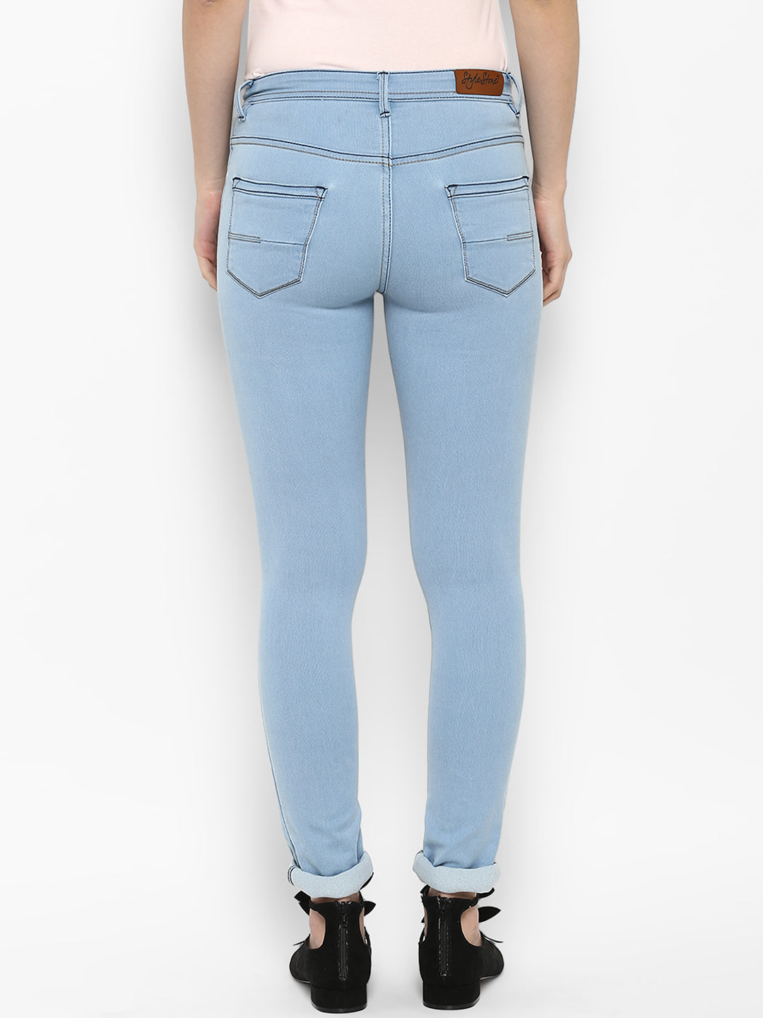 Women's Ice Blue Lycra Denim Distressed Jeans