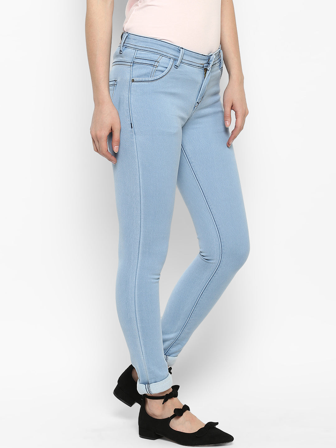 Women's Ice Blue Lycra Denim Distressed Jeans