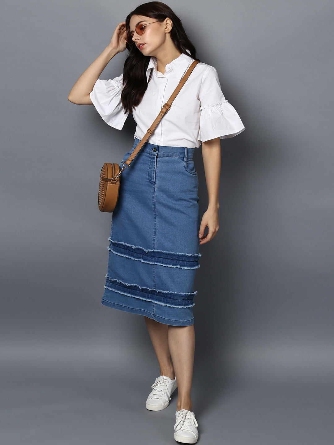 Women's Denim Distressed Strip Skirt