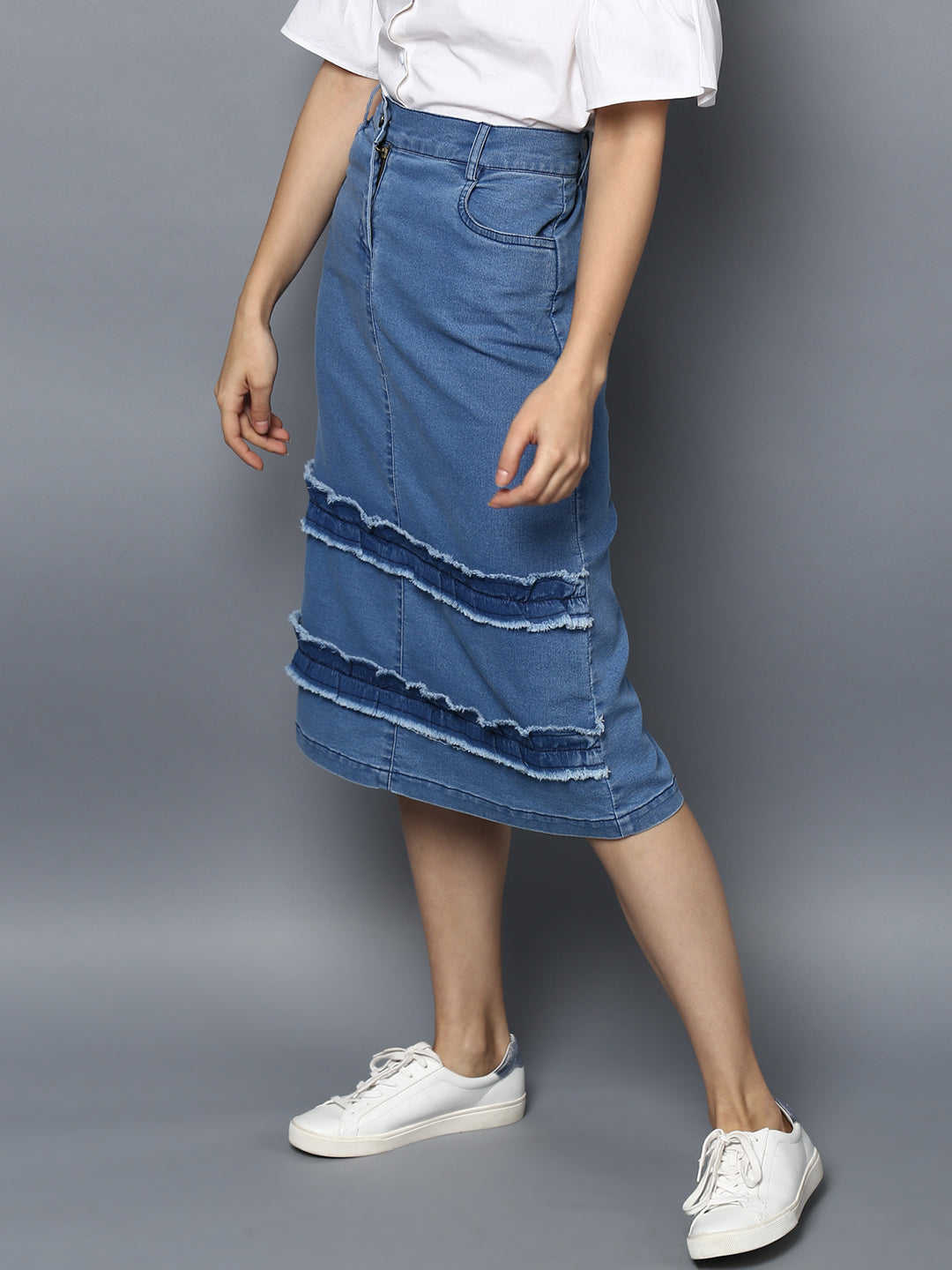 Women's Denim Distressed Strip Skirt