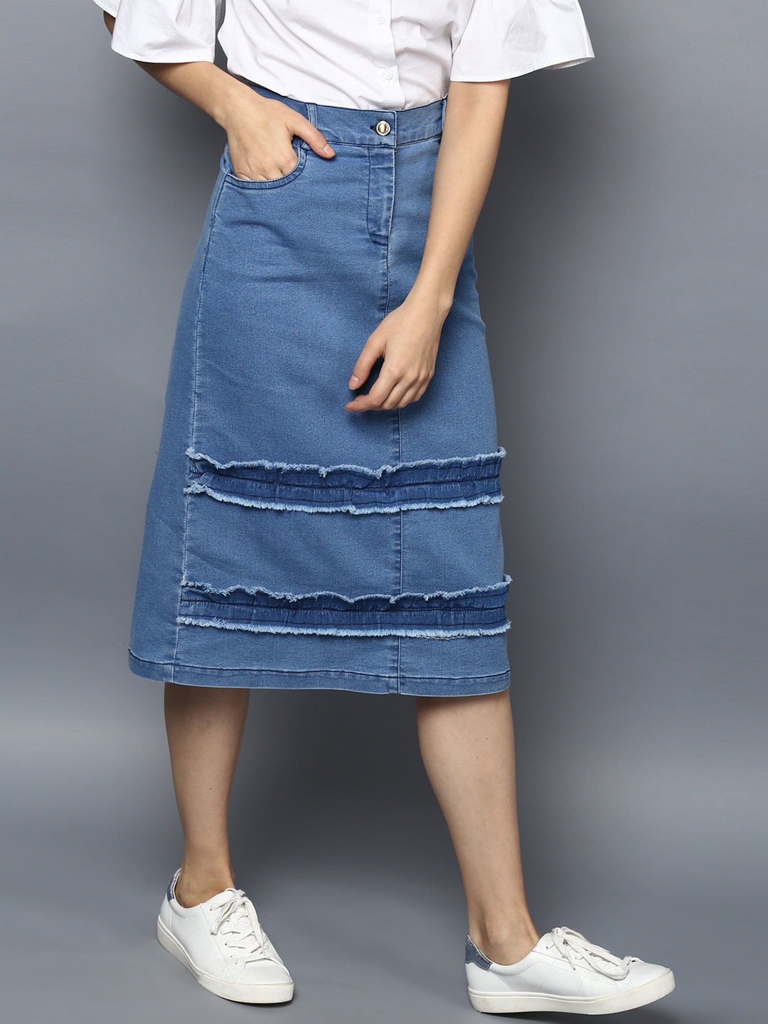 Women's Denim Distressed Strip Skirt