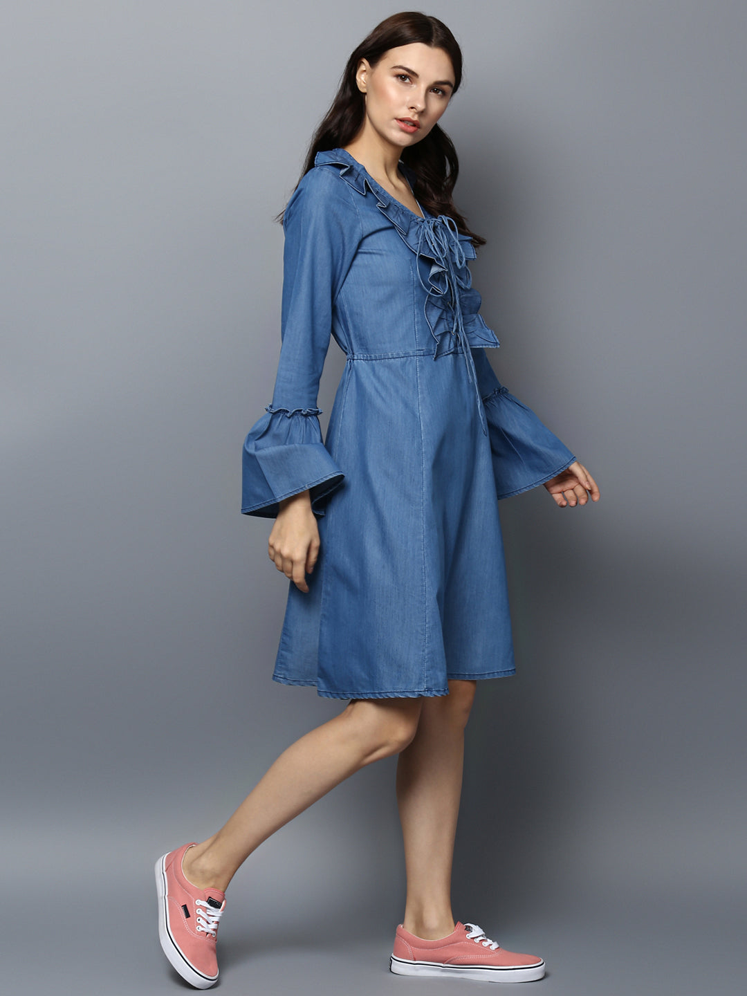 Women's Denim Draw String and Bell Sleeve Dress