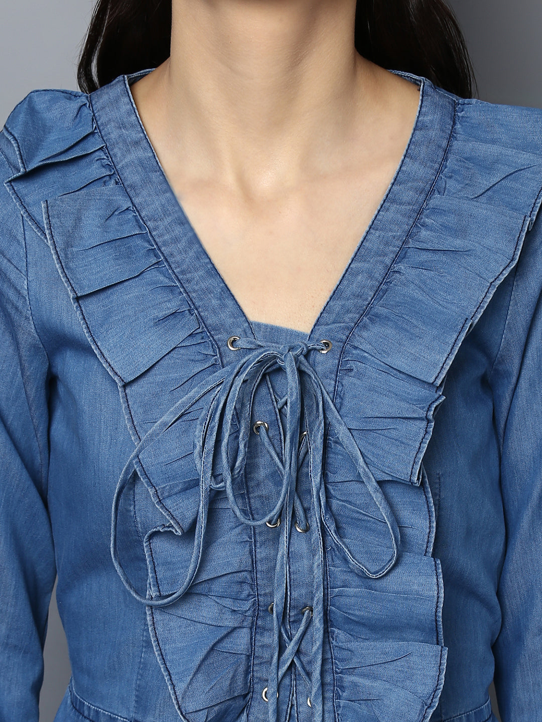 Women's Denim Draw String and Bell Sleeve Dress