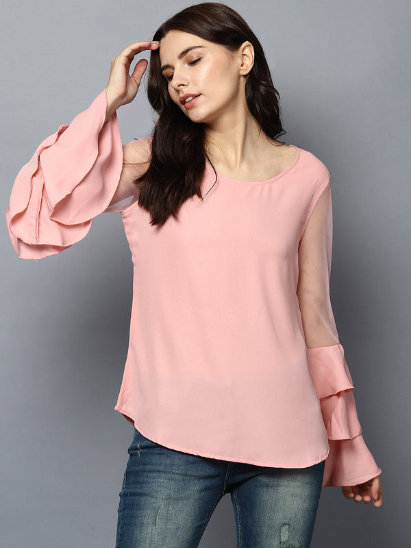 Women's Pink Net Multi Tier Sleeve Top