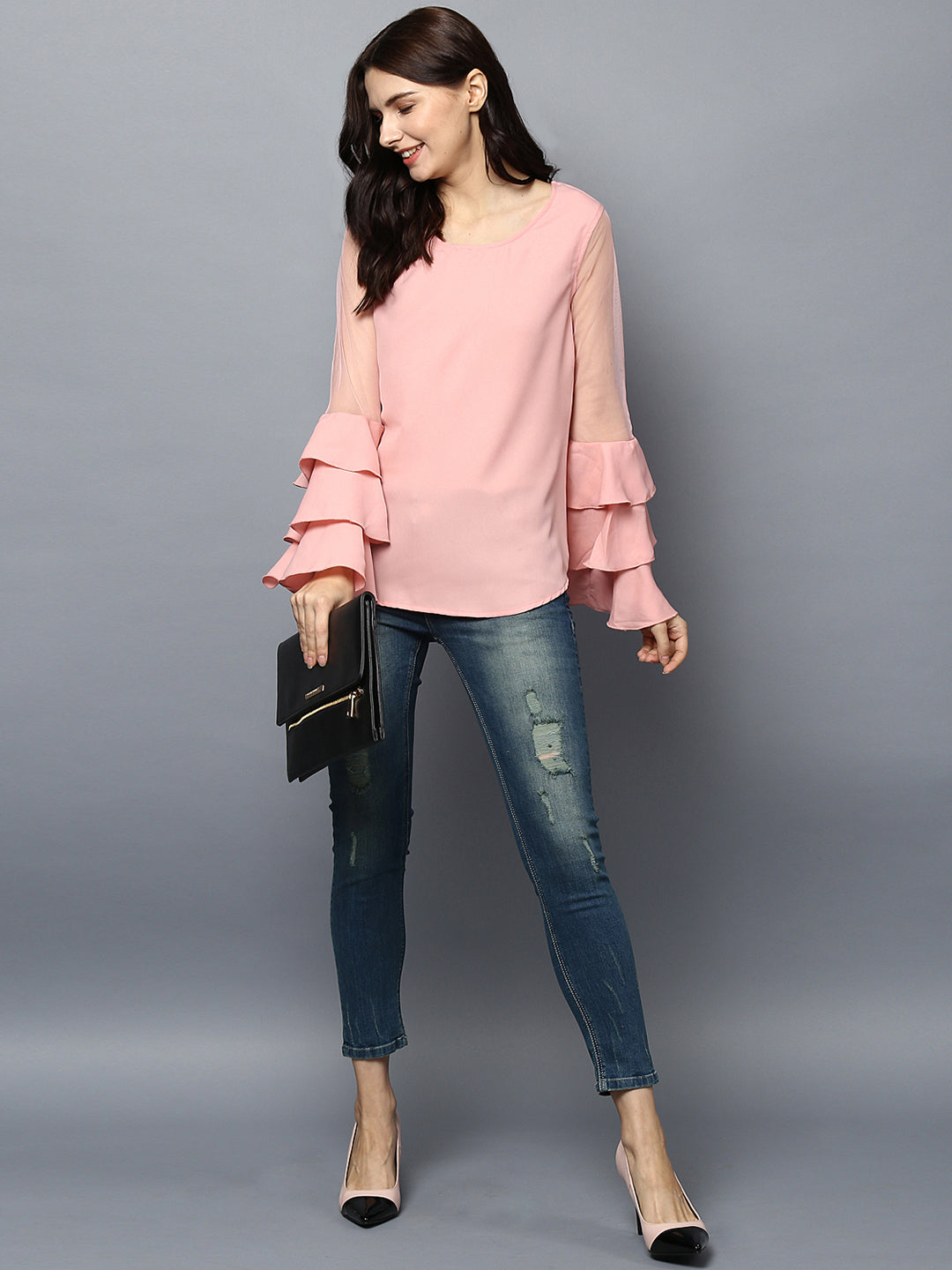 Women's Pink Net Multi Tier Sleeve Top