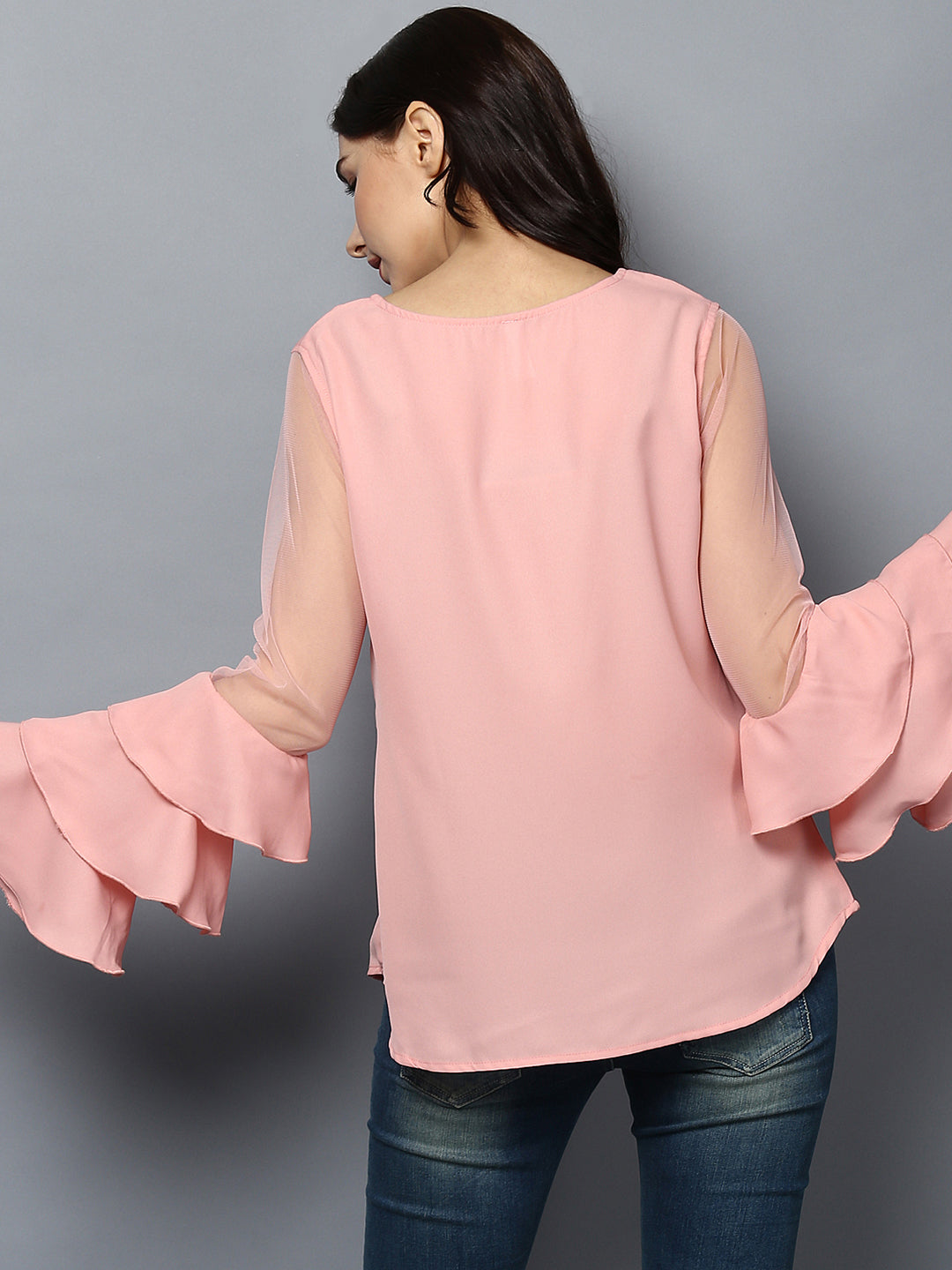 Women's Pink Net Multi Tier Sleeve Top