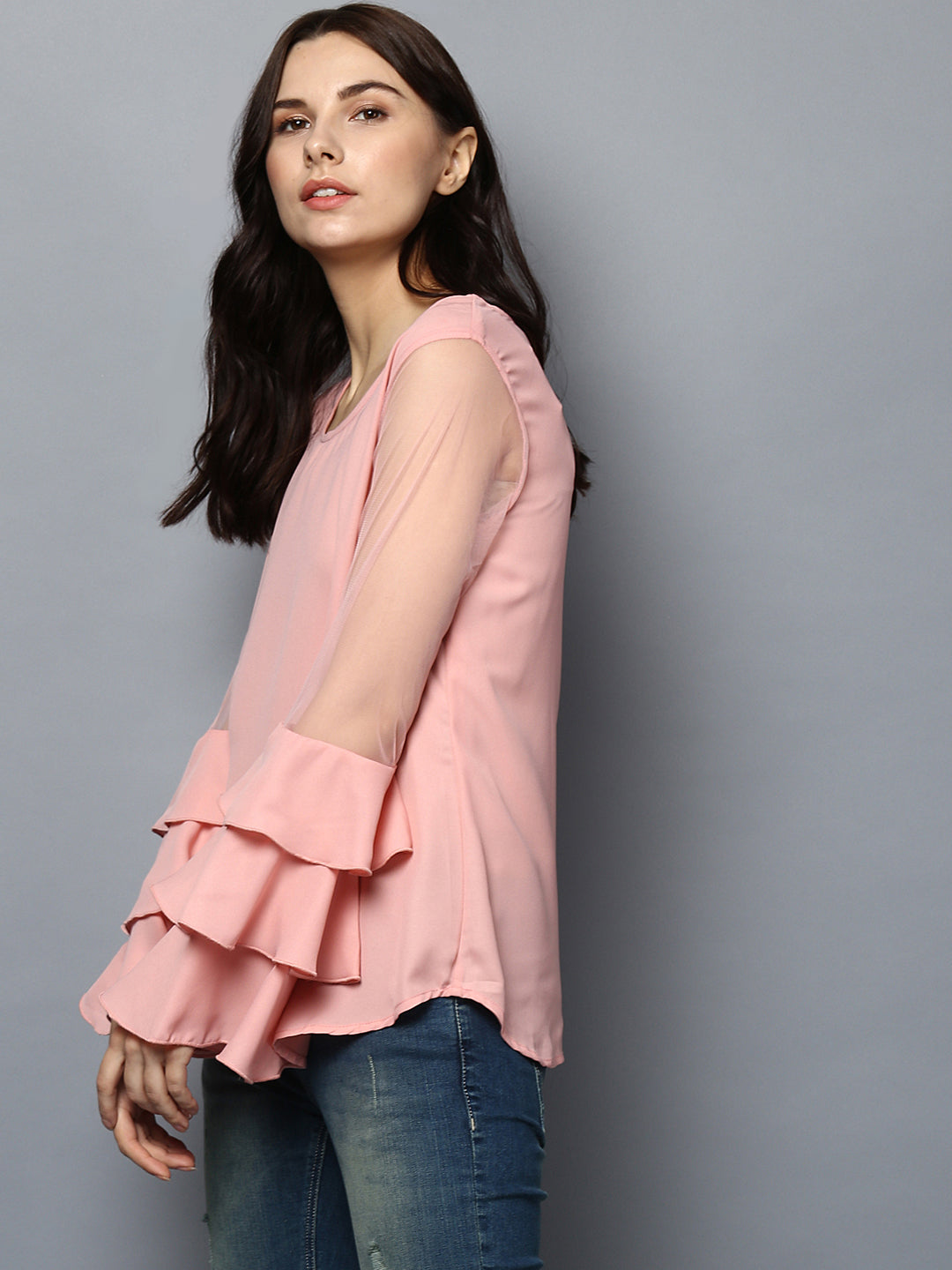 Women's Pink Net Multi Tier Sleeve Top