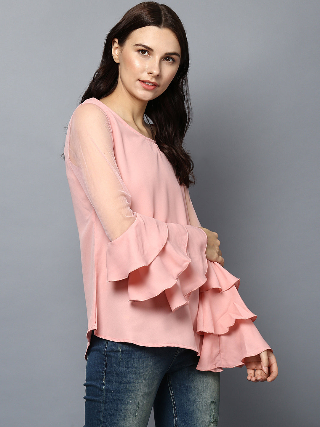 Women's Pink Net Multi Tier Sleeve Top