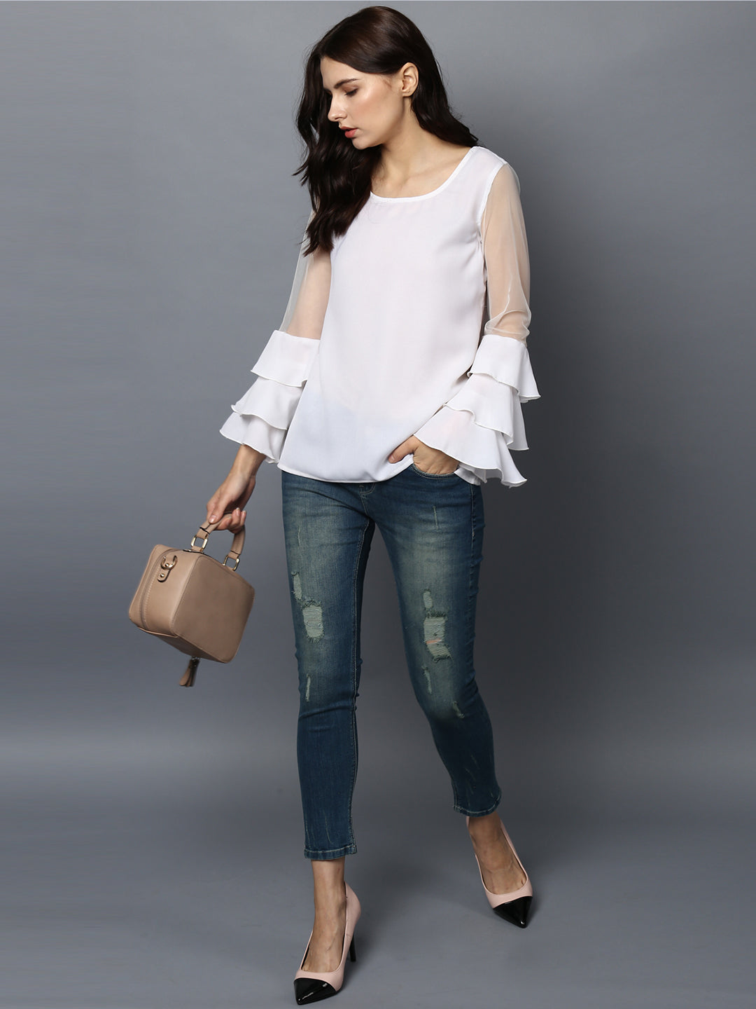 Women's White Net Tier Sleeve Top