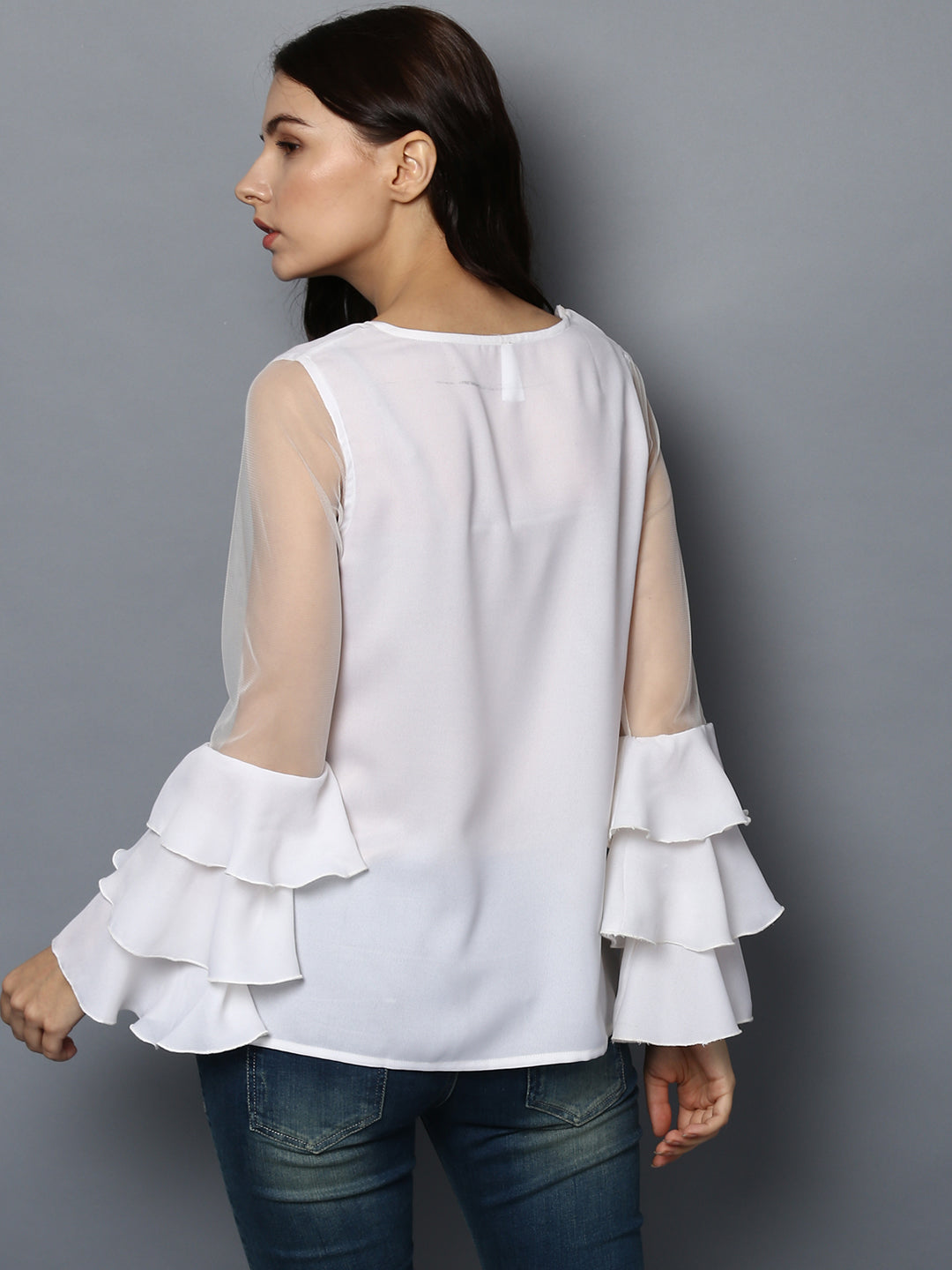 Women's White Net Tier Sleeve Top