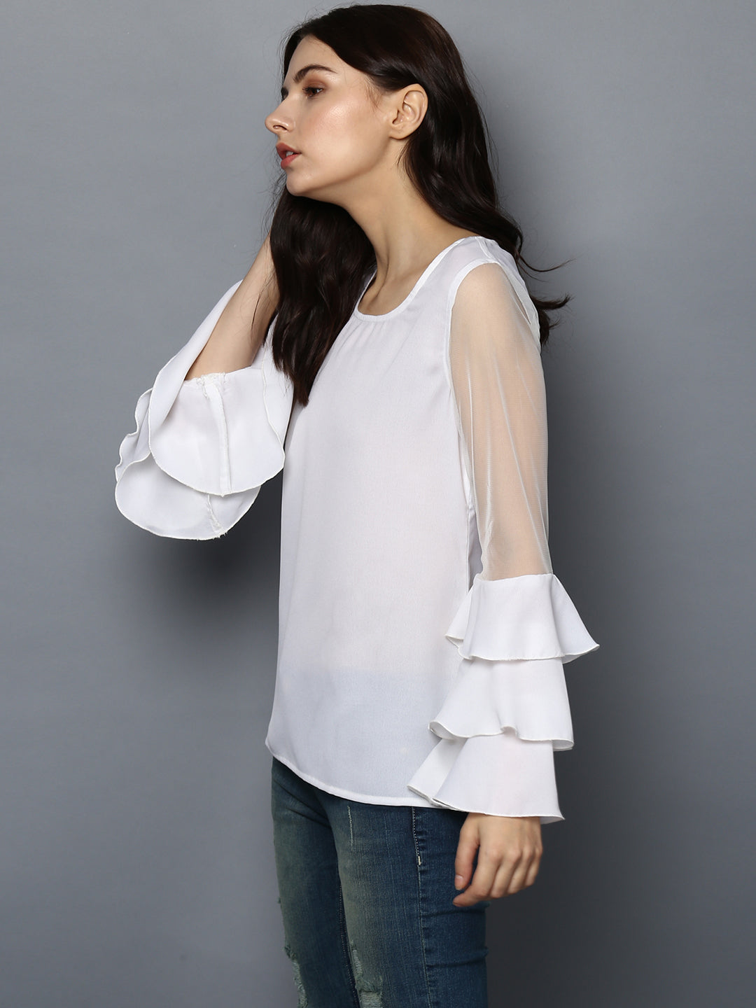 Women's White Net Tier Sleeve Top