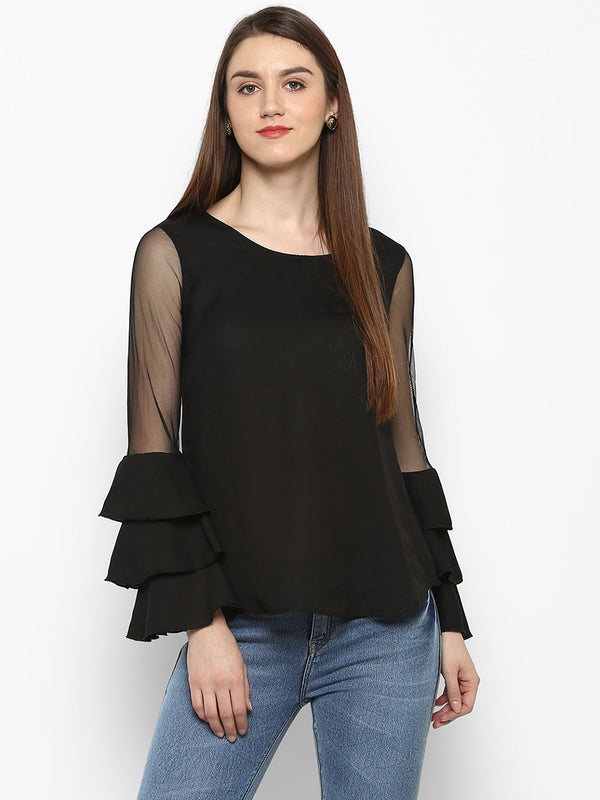 Women's Black Net Tier Sleeve Top