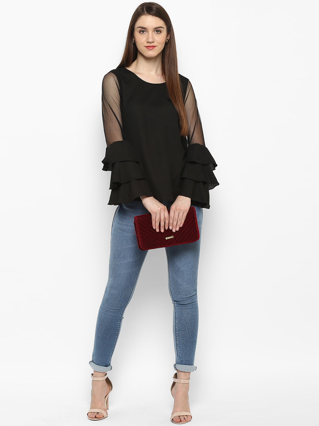 Women's Black Net Tier Sleeve Top