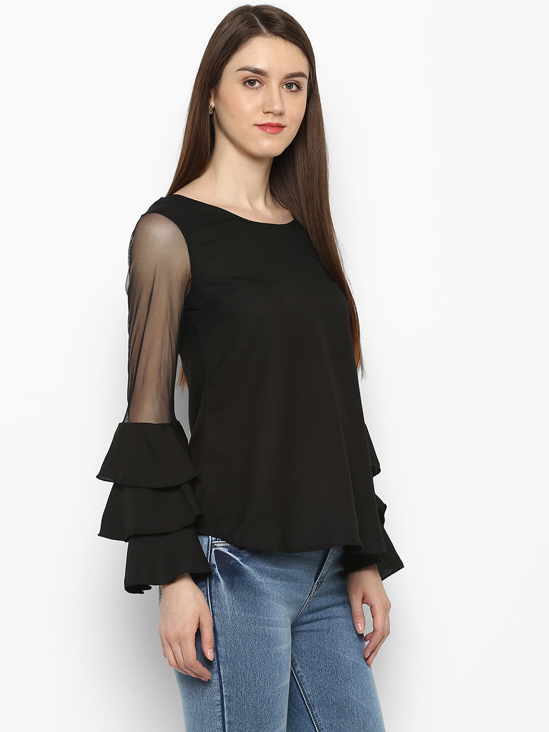 Women's Black Net Tier Sleeve Top