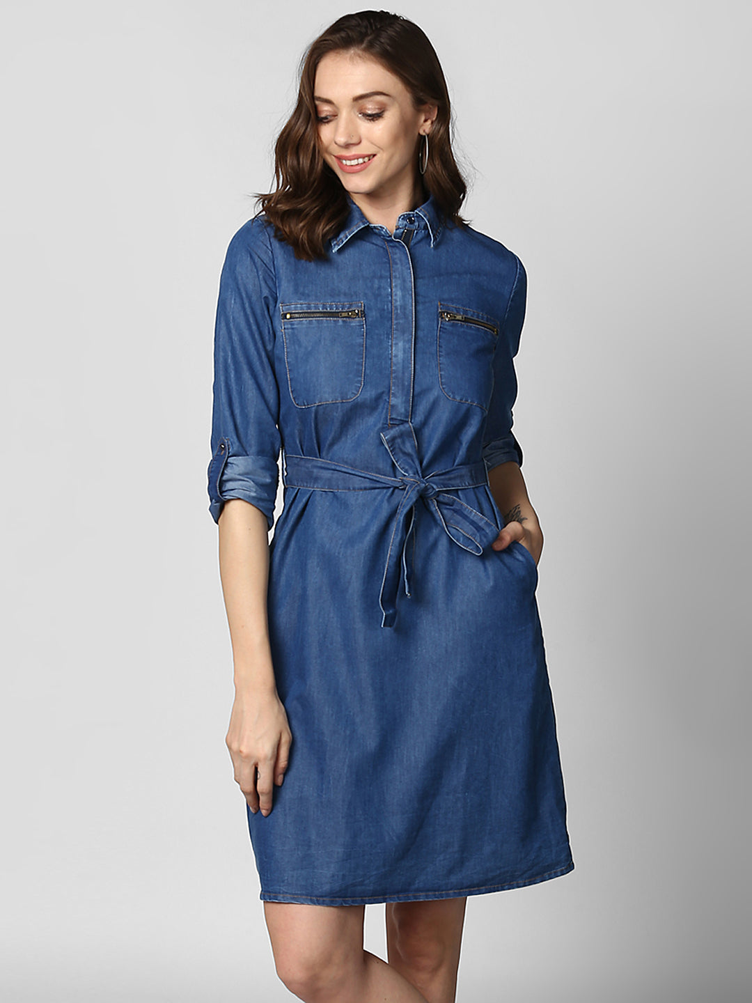 Women's Denim Double Pocket Zip Dress