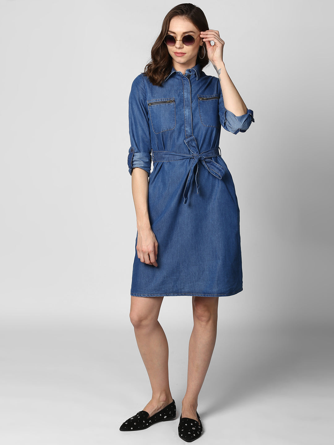 Women's Denim Double Pocket Zip Dress