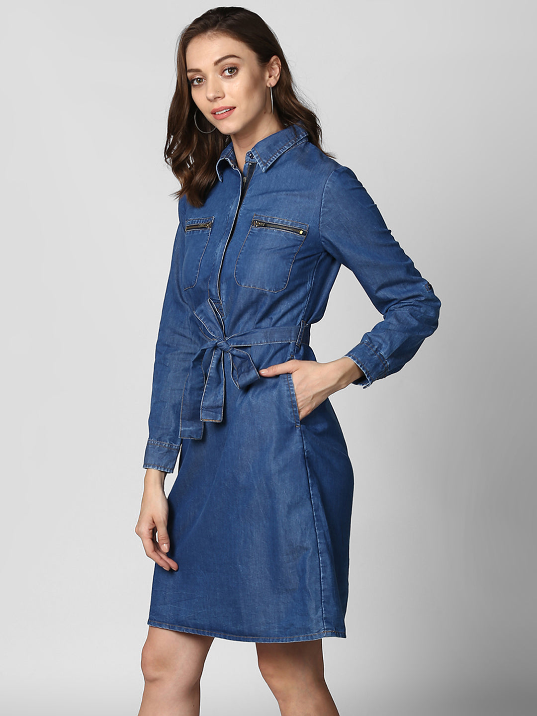 Women's Denim Double Pocket Zip Dress